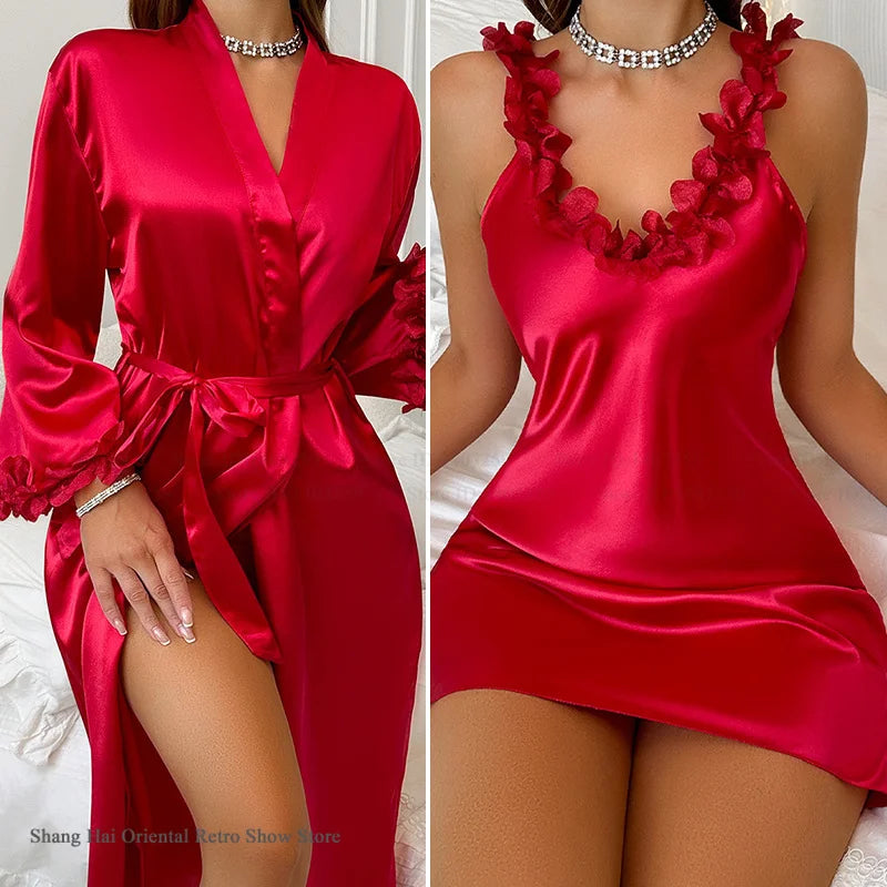 2-Piece Lace Kimono Robe Set - Silk Satin Nightgown