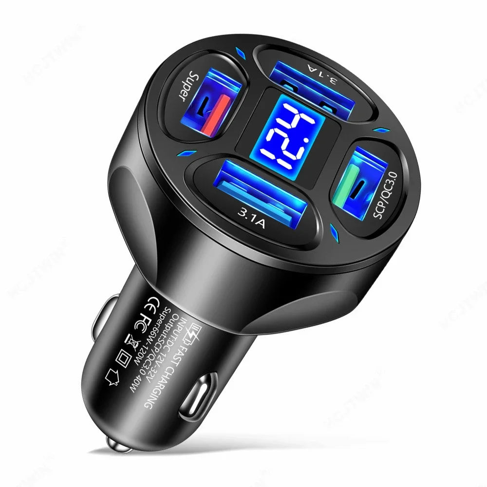 Fast Charging Car Charger - 4 USB Ports, 3.1A, LED Display