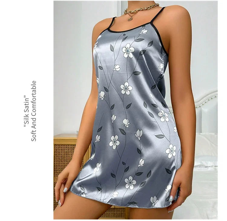 Floral Print Satin Nightgown - Backless Slip Night Dress