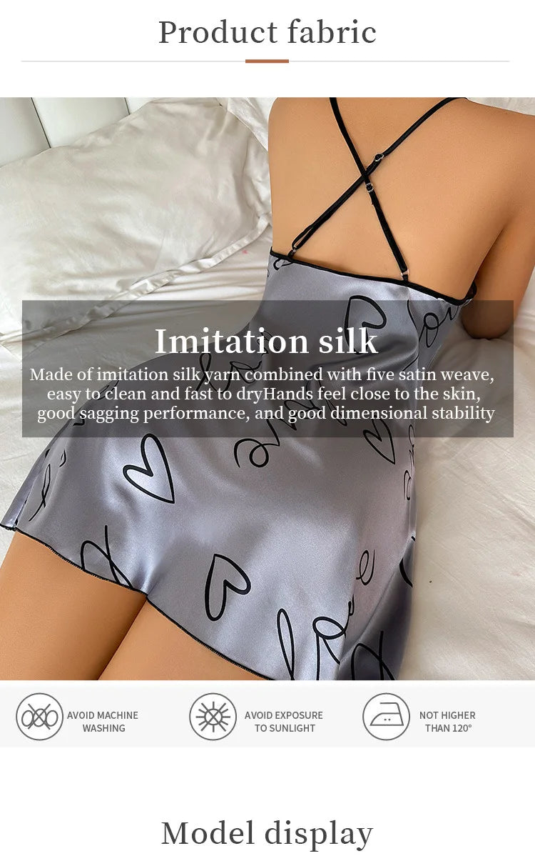 Heart Print Satin Nightdress - Criss Cross Back Sleep Dress
