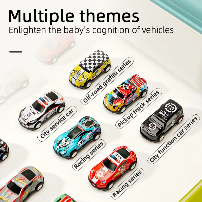 Collection of toy cars with different designs and labels on a white surface