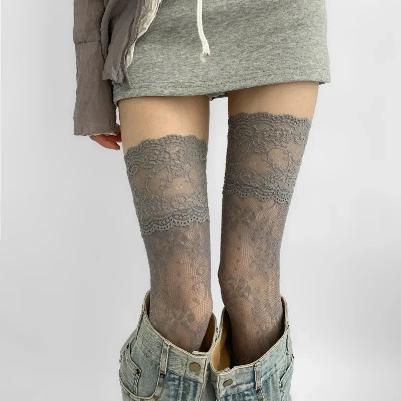 Women's Flower Lace Fishnet Thigh High Stockings - Sweet Frilly Trim