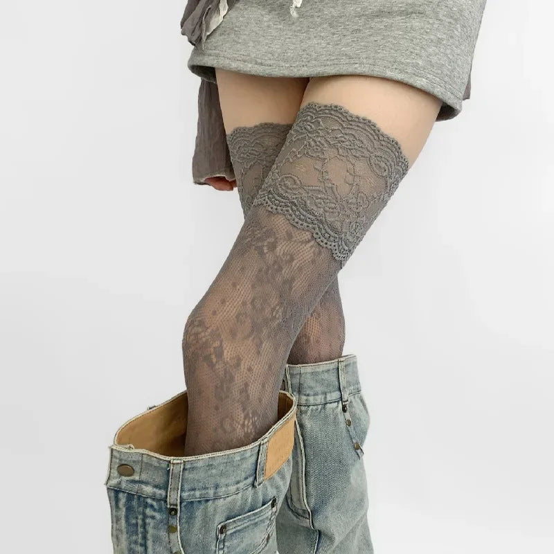 Women's Flower Lace Fishnet Thigh High Stockings - Sweet Frilly Trim