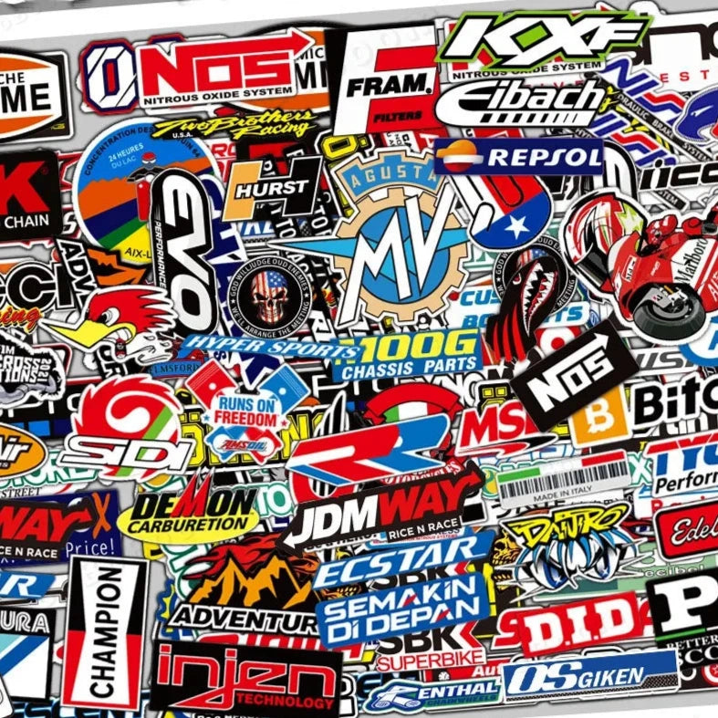Collection of various automotive and motorcycle brand stickers on a white background