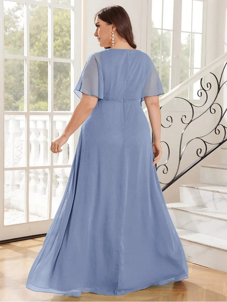 Vestido de noche de gasa de talla grande - Vestido de dama de honor con escote en V