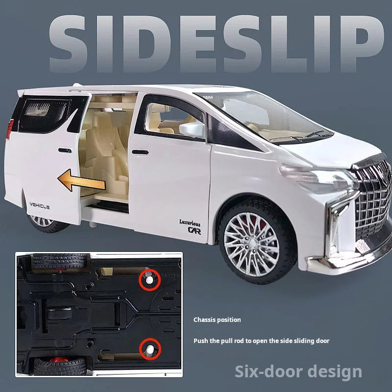 Model car with open side door on a gray background, showing chassis and door mechanism.