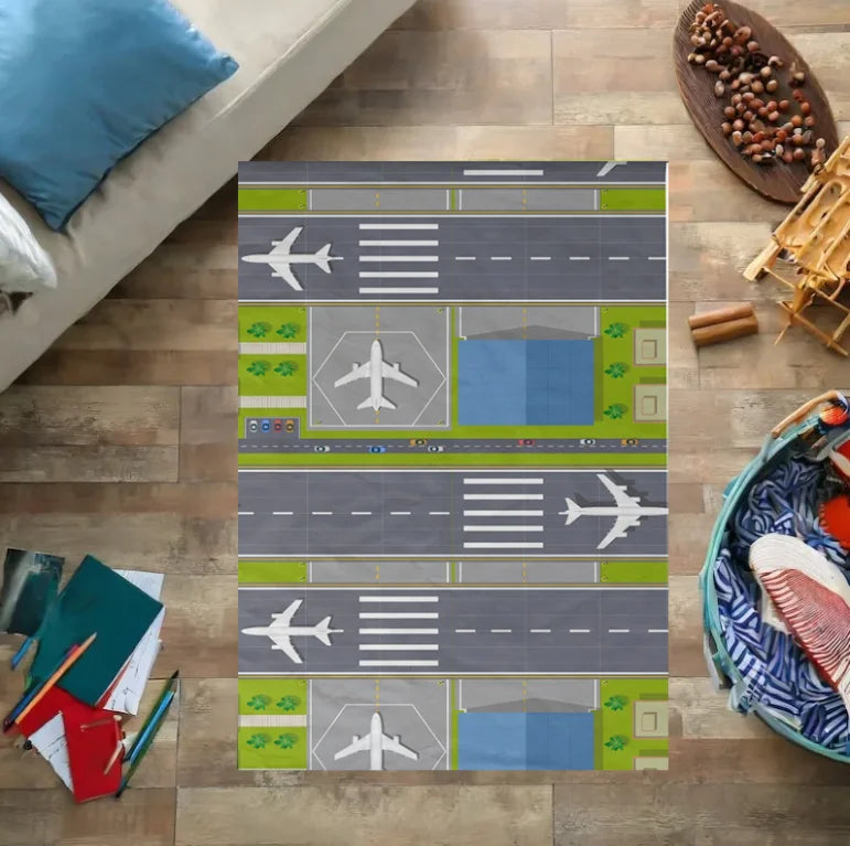 Airport Landing Strips Kids Play Rug - 3D Aircraft Carpet