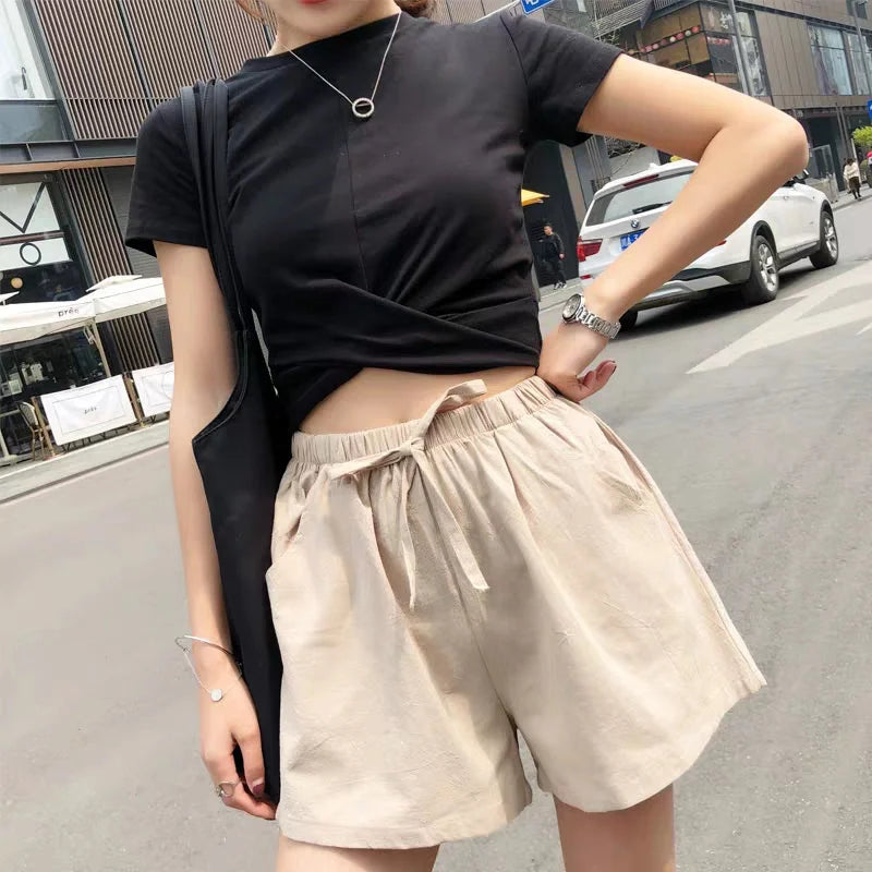 Women's Cotton Linen Shorts - High Waist Casual Workout