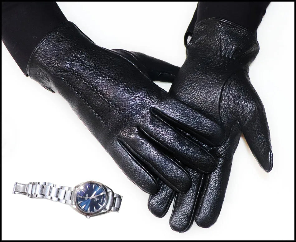 Guantes de piel auténtica de ciervo con textura - Unisex con forro de lana