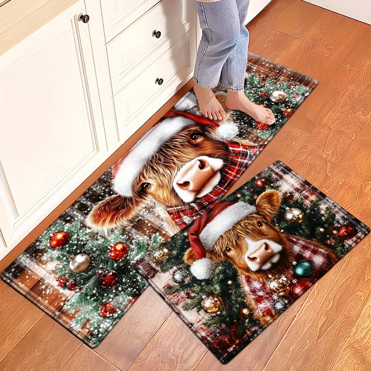 Red Grid Santa Claus Kitchen Floor Mat - Christmas Welcome Rug