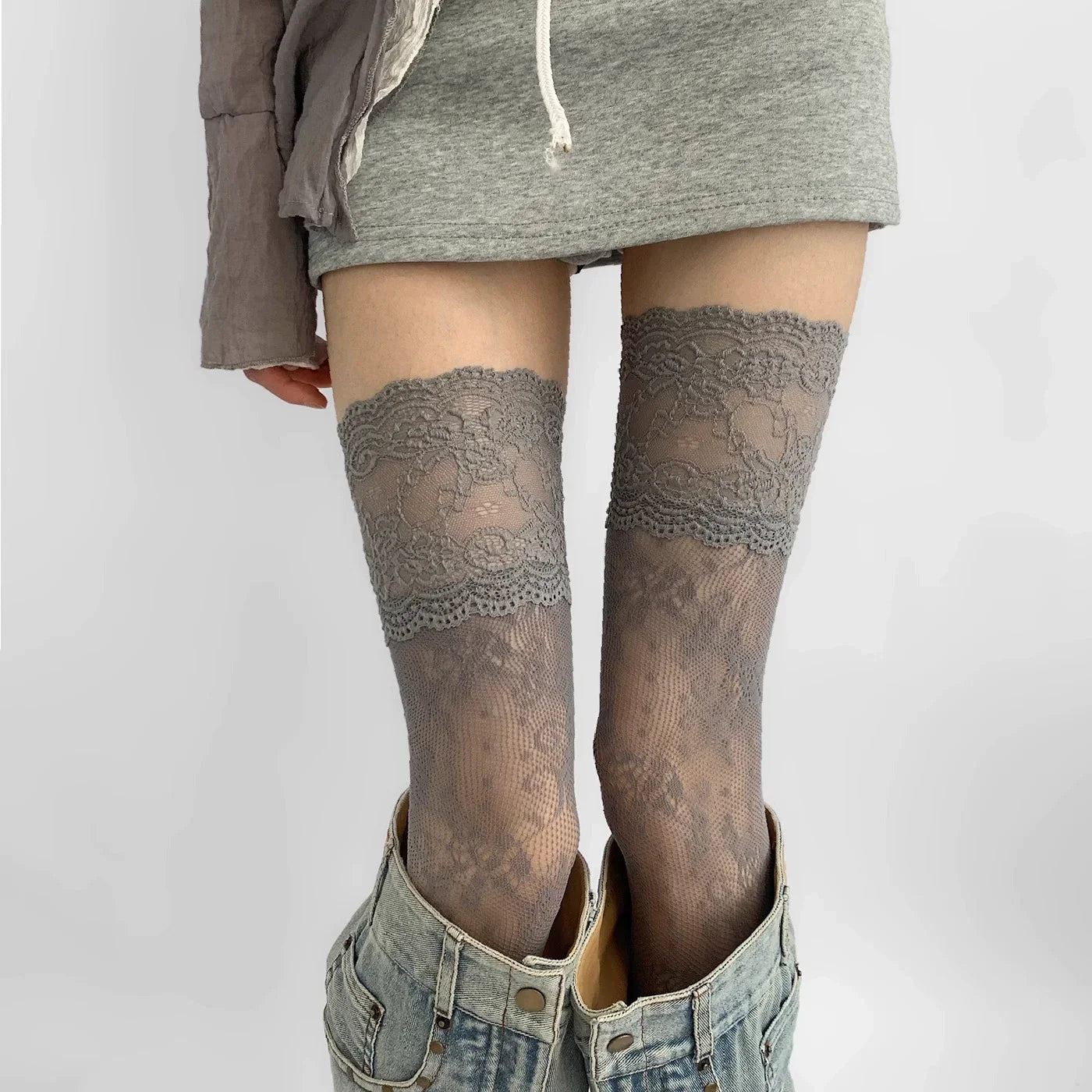 Women's Flower Lace Fishnet Thigh High Stockings - Sweet Frilly Trim