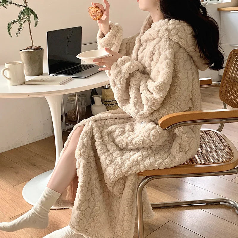 Winter Hooded Fleece Robe - Warm Pocket Nightgown