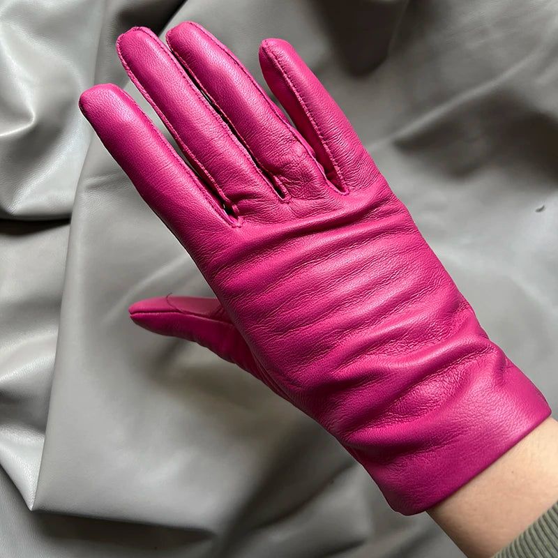 Guantes elegantes de piel de cordero con forro fino para mujer - Piel de oveja auténtica