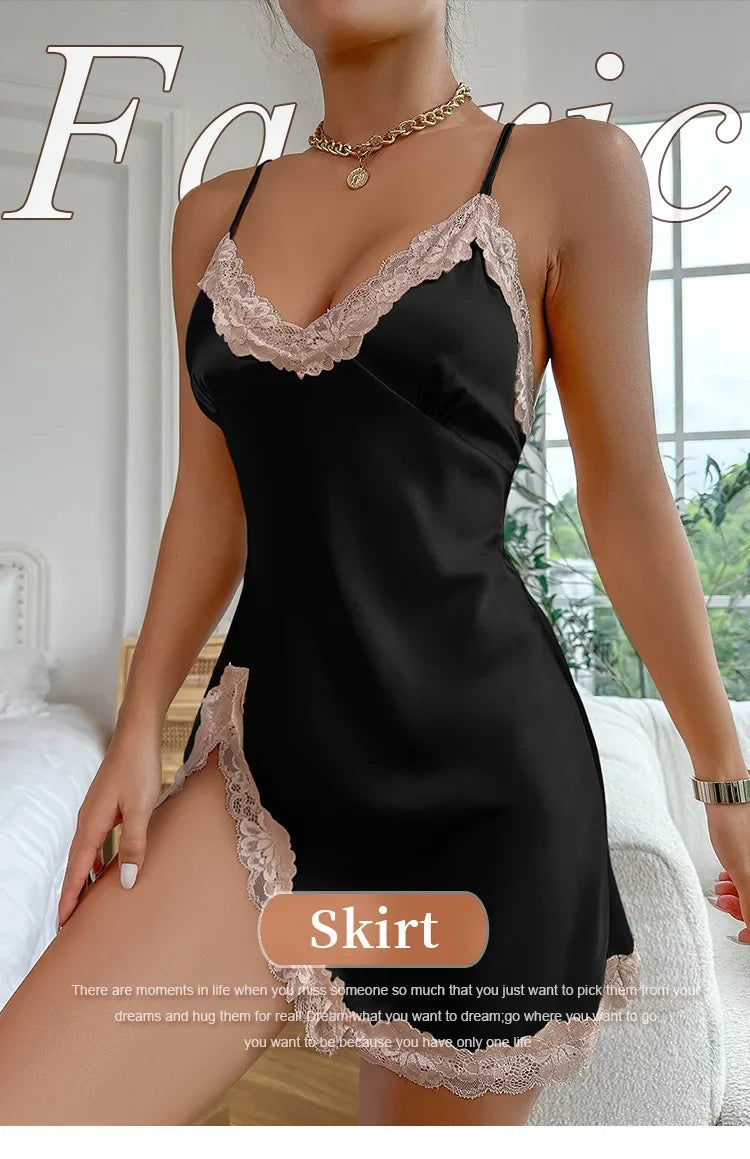 Lace Trim Leopard Nightdress - V-Neck Backless Slip Dress