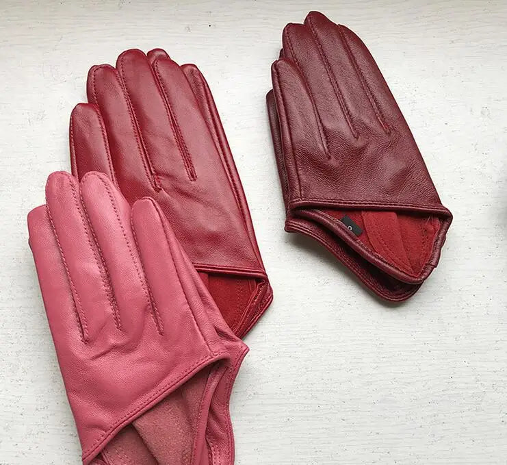 Guantes cortos de piel de oveja para mujer, otoño-invierno, diseño de media palma