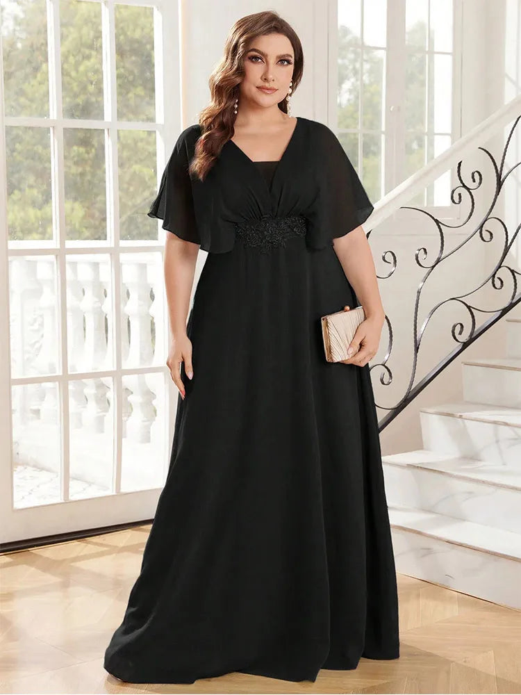 Vestido de noche de gasa de talla grande - Vestido de dama de honor con escote en V