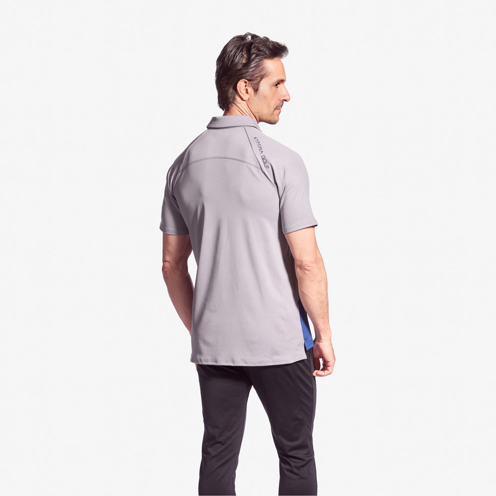 Man wearing a gray polo shirt on a white background