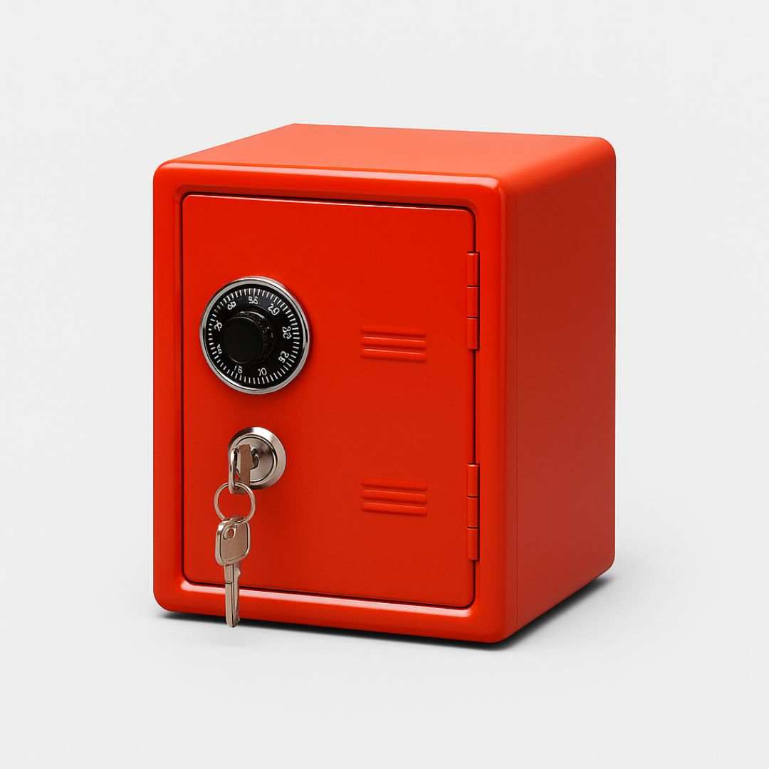 Red safe box with a combination lock on a white background