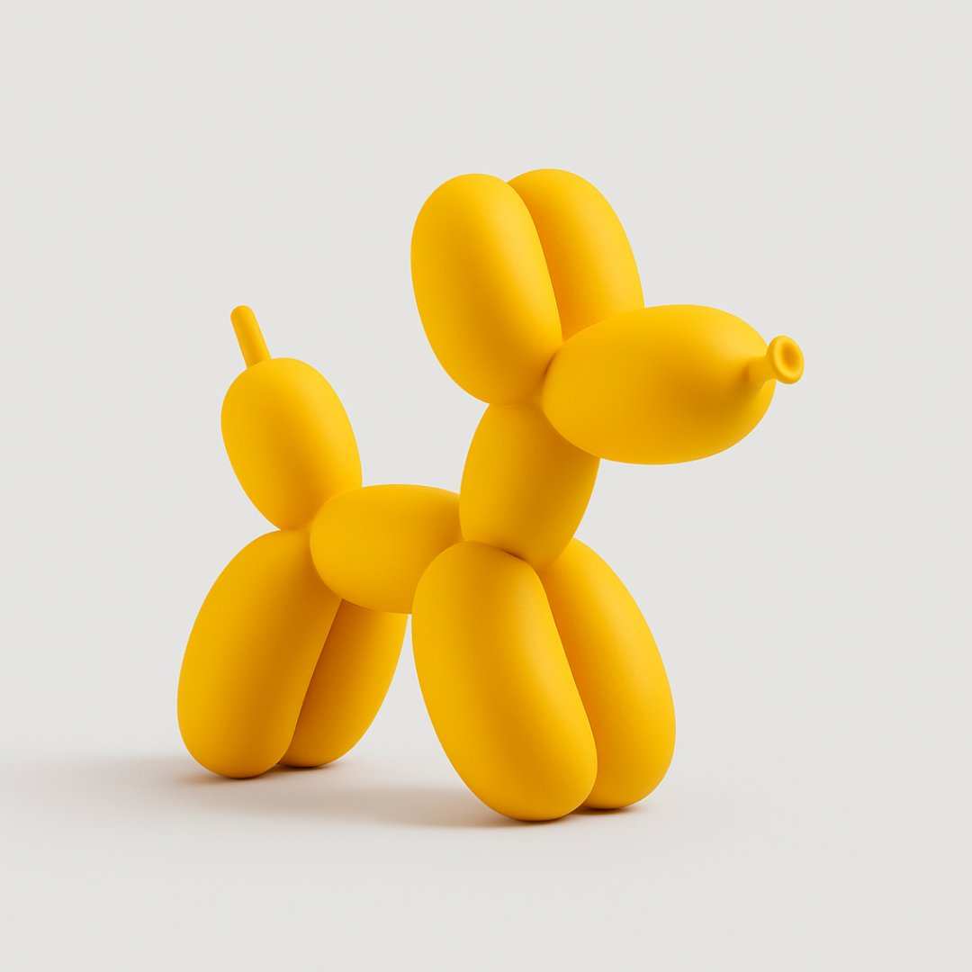 Yellow balloon dog sculpture on a light gray background