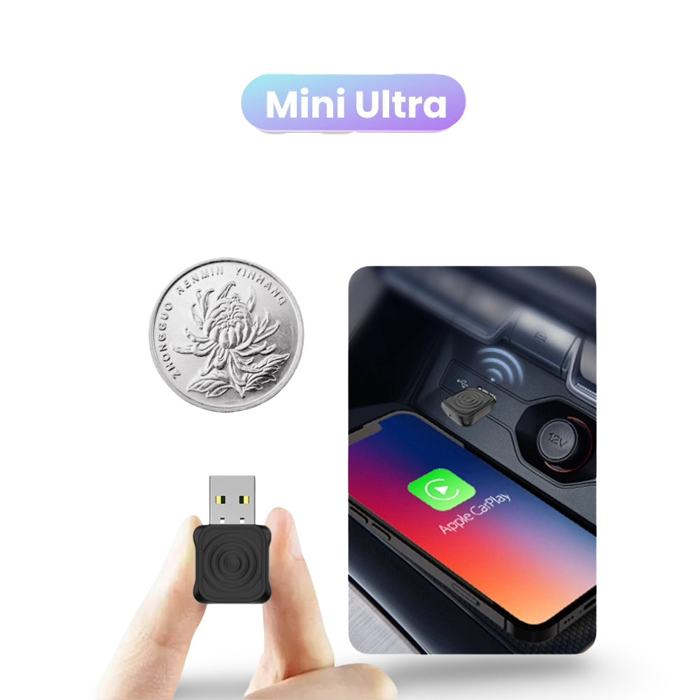 Small USB device next to a coin and smartphone with CarPlay display on a white background