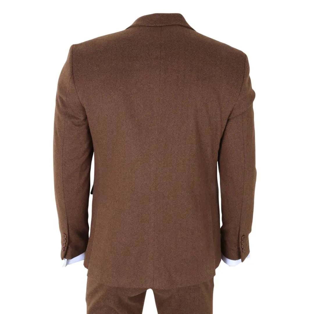 Men's Brown 3 Piece Tweed Herringbone Suit by TruClothing