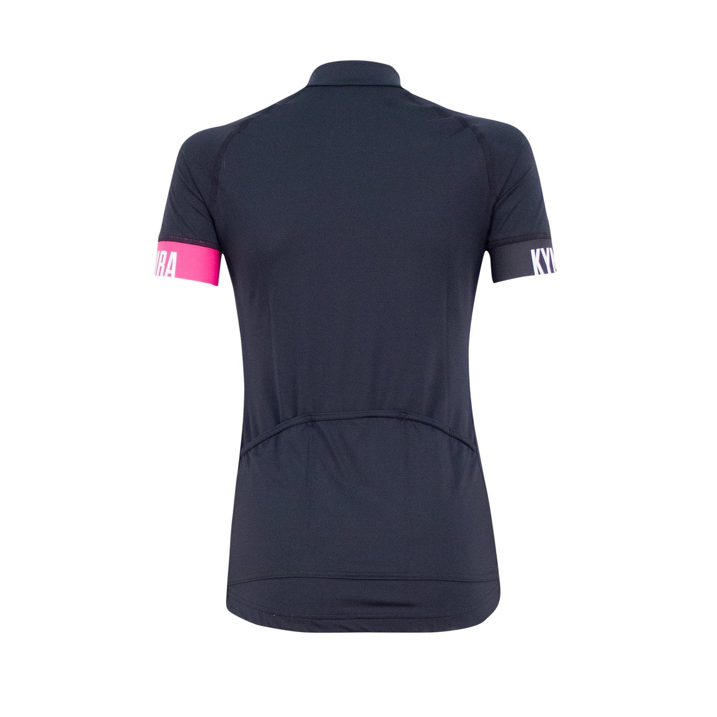 Black cycling jersey with pink and white arm bands on a white background