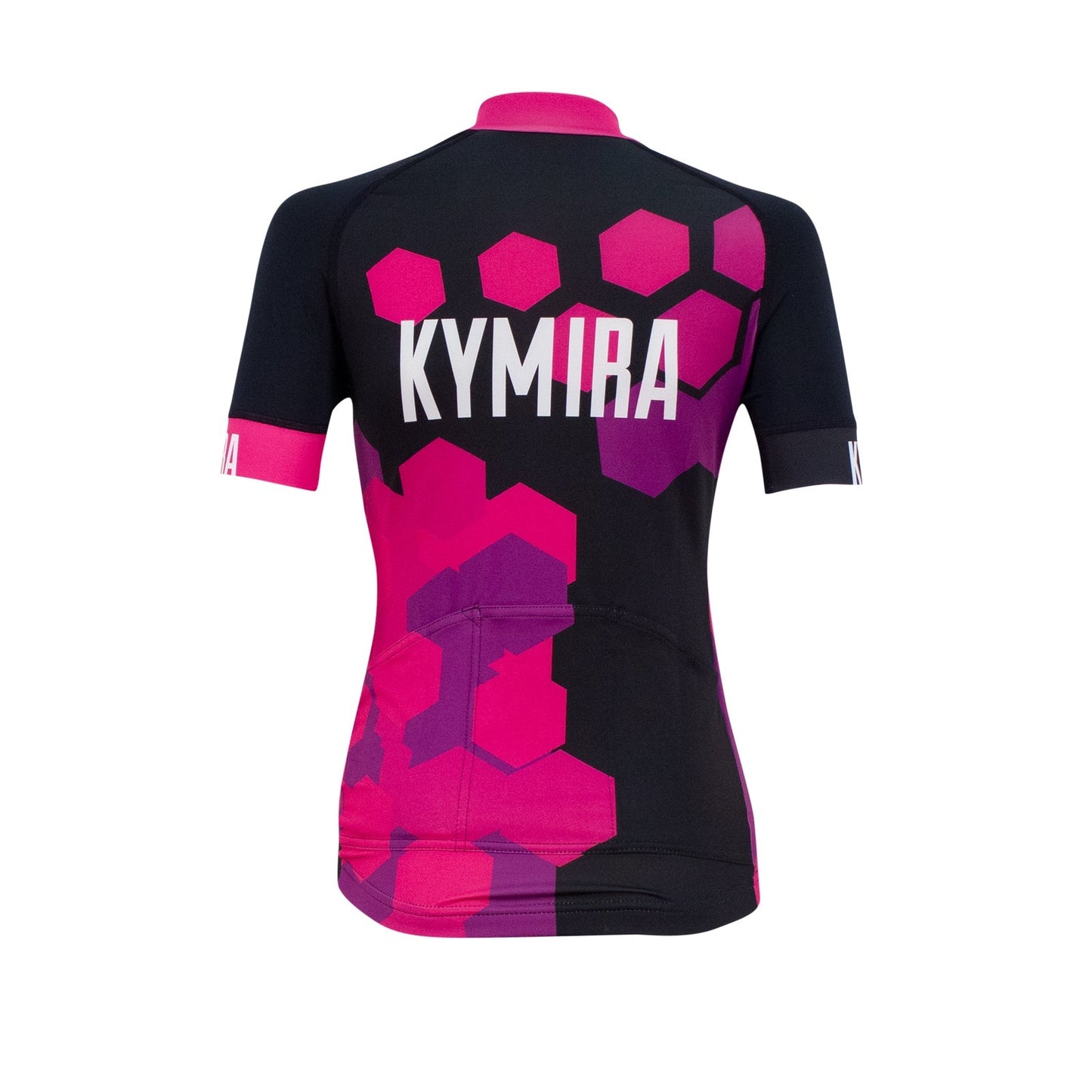 Black and pink cycling jersey with 'KYMIRA' branding on a white background