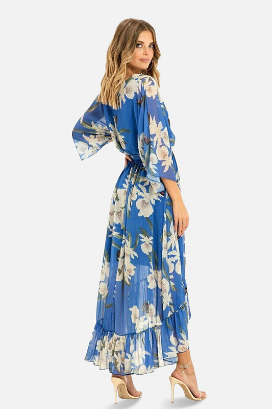 Blue Floral Kimono Sleeves Dip Hem Wrap Midi Dress