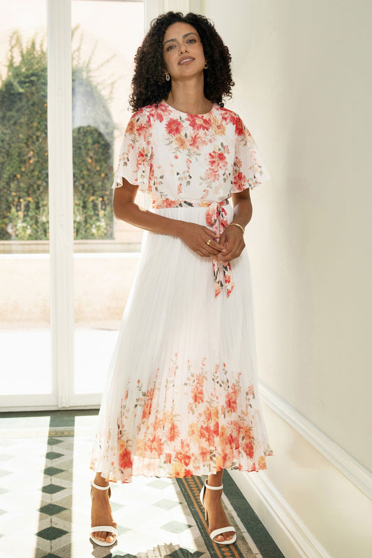 White Mirror Floral Design Pleated Midi Dress