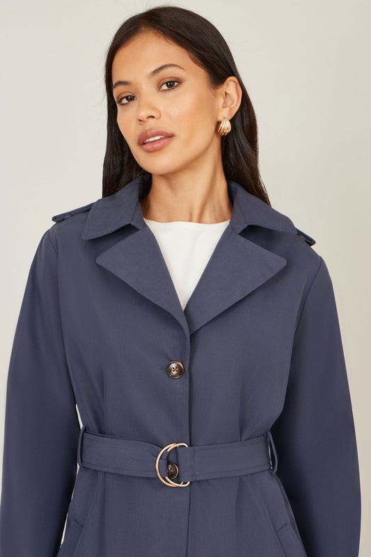Navy Belted Long Trench Coat With Belt