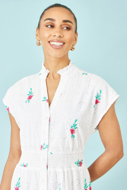 White Cotton Broderie Anglaise Embroidered Midi Dress