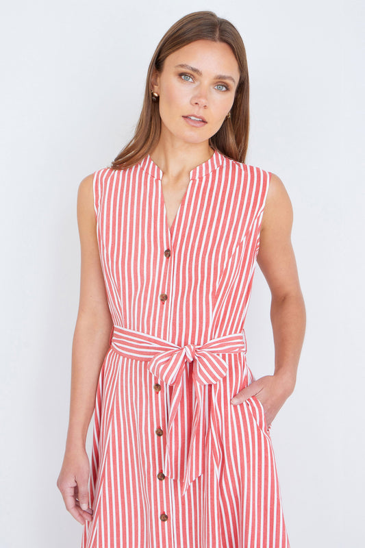 Red Stripe Midi Sleeveless Shirt Dress