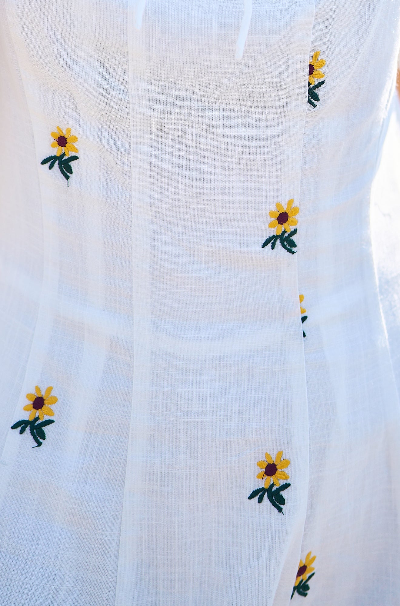 White Cotton Sunflower Embroidered Midi Dress