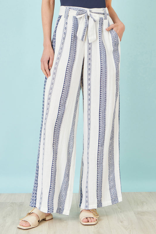 White Linen Mix Cropped Trousers With Tie Belt