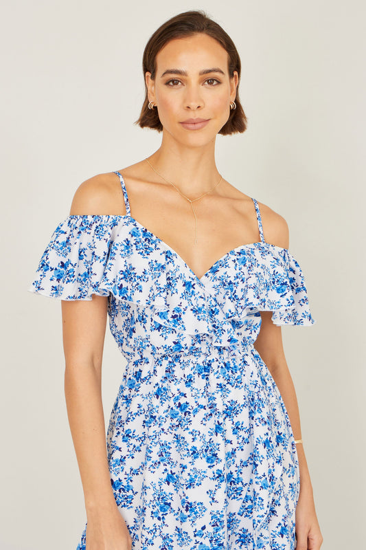 Blue Floral Print Bardot Midi Dress With Dip Hem