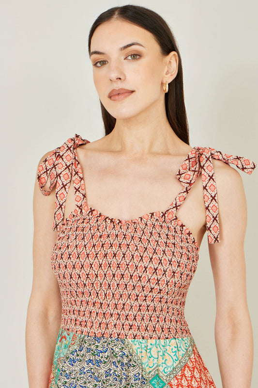 Multicolour Patchwork Ruched Smocked Maxi Sundress