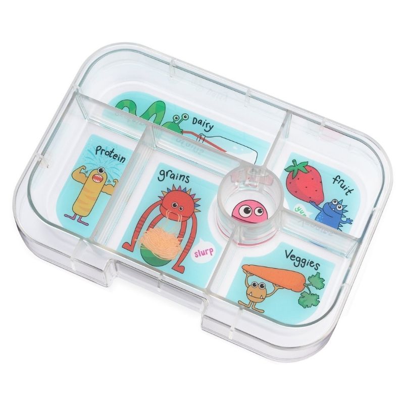 Children's lunchbox compartment organizer with cartoon characters on a white background