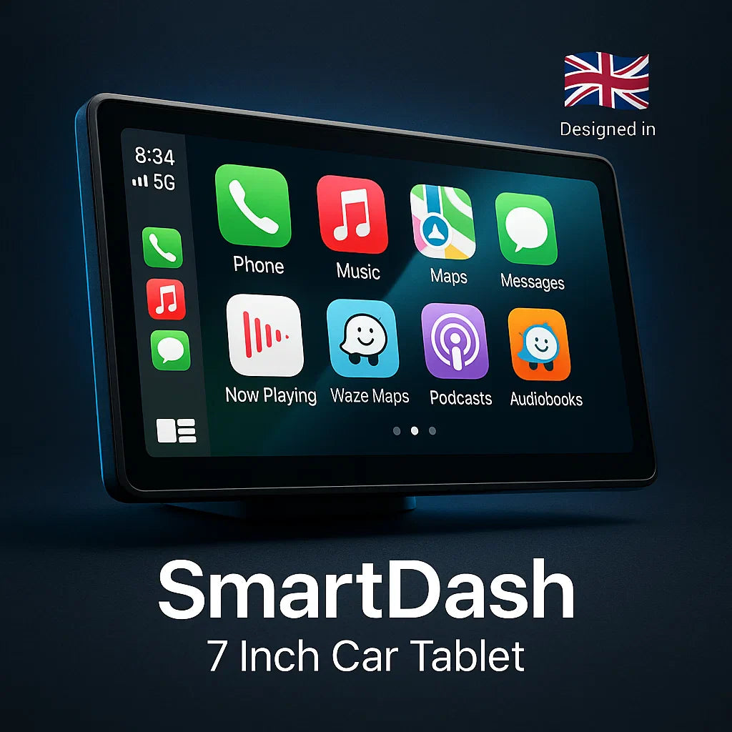 7-inch car tablet with app icons on a dark background, branded 'SmartDash'.