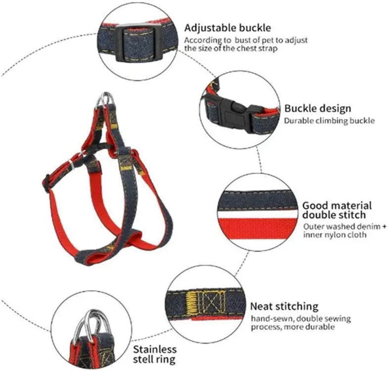 Denim Dog Harness & Collar Set - Adjustable for All Sizes