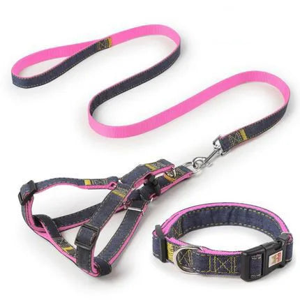 Denim Dog Harness & Collar Set - Adjustable for All Sizes