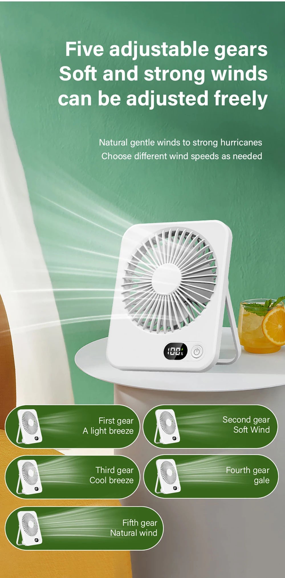 Foldable Desk Fan - 5-Speed USB Rechargeable