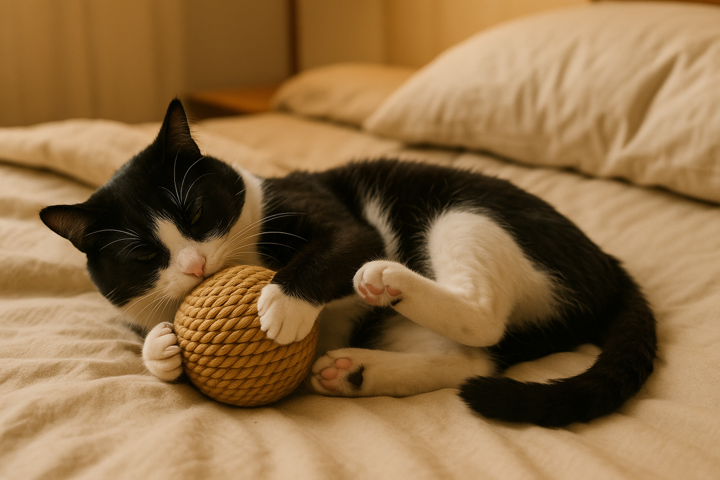Black and white cat hugging sisal ball on bed