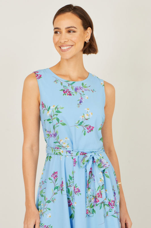 Blue Floral Print Midi Skater Dress - Bascora
