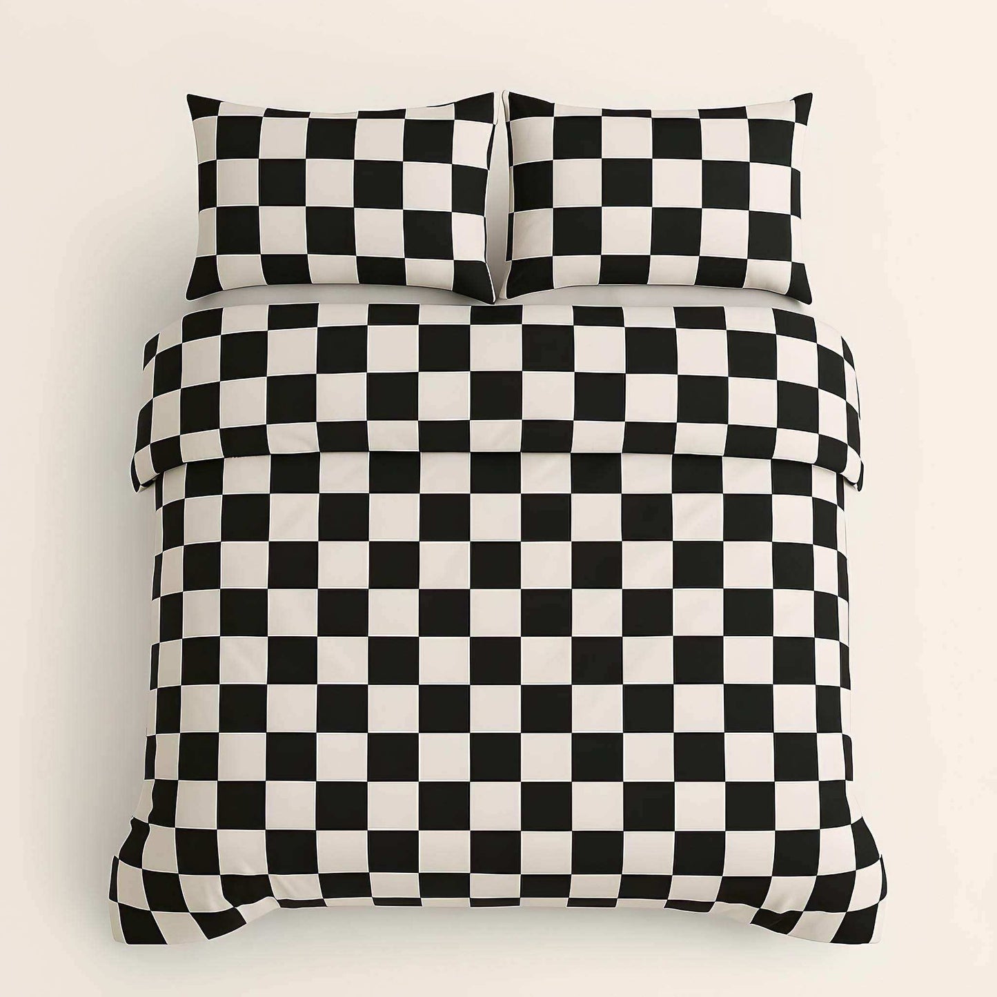 Black and white checkered bedding set on a beige background