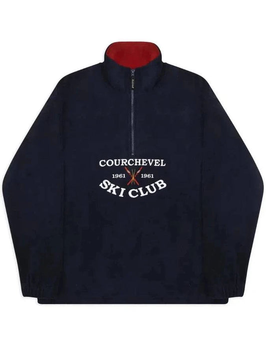 Navy blue half-zip sweatshirt with red collar featuring 'Courchevel Ski Club' text on a white background