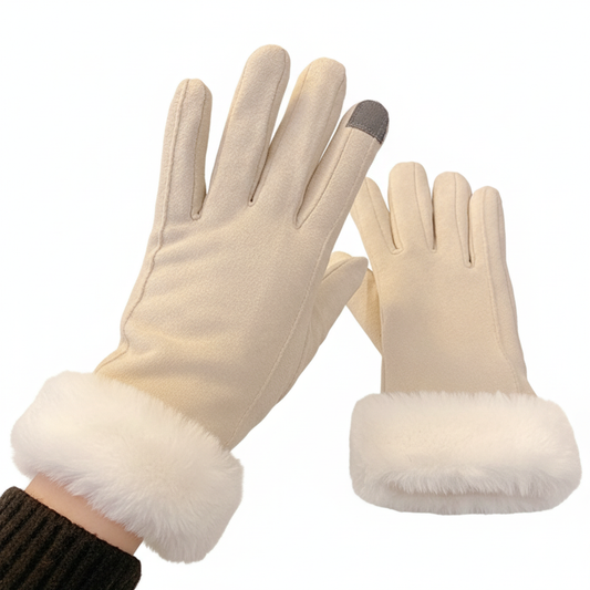 Cream Suede Fur Gloves Angle View