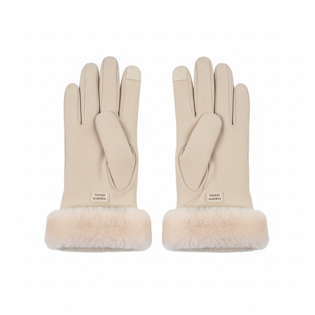 Cream Suede Fur Gloves Flat Lay