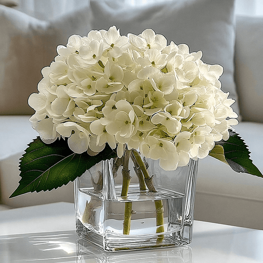 Arreglo floral de hortensias color crema artificial en jarrón cuadrado de vidrio