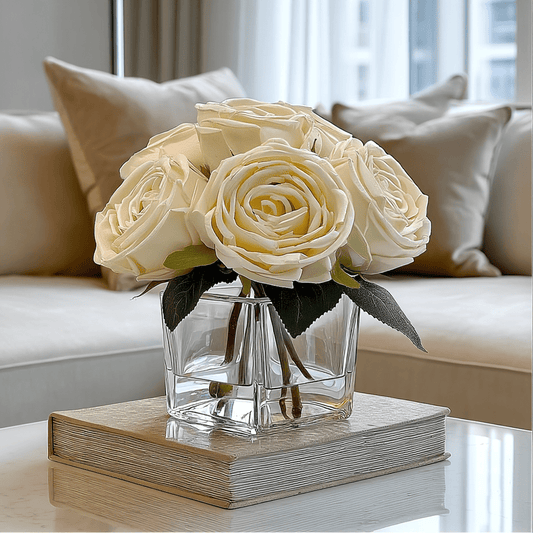 Arreglo floral de rosas color crema artificial en jarrón cuadrado de vidrio