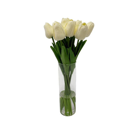 Arreglo floral de tulipanes color crema artificial en jarrón alto de vidrio